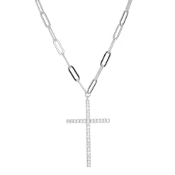 Cross Necklace With Paperclip Chain In Sterling Silver
