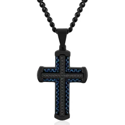 Cross Pendant With Black Diamond Accents In Black And Blue Ion-Plated Stainless Steel (1/4 Ct. Tw.)