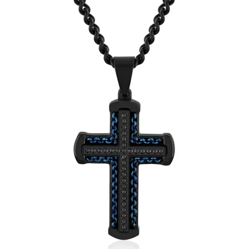 Cross Pendant With Black Diamond Accents In Black And Blue Ion-Plated Stainless Steel (1/4 Ct. Tw.)