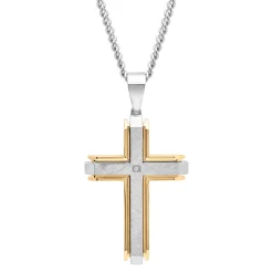 Cross Pendant With Diamond Accent In Stainless Steel And Yellow Ion-Plated Stainless Steel