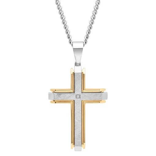 Cross Pendant With Diamond Accent In Stainless Steel And Yellow Ion-Plated Stainless Steel