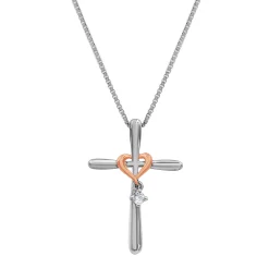 Cross Pendant With Diamond & 10K Rose Gold Accent In Sterling Silver