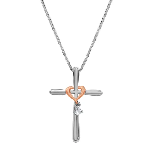 Cross Pendant With Diamond & 10K Rose Gold Accent In Sterling Silver