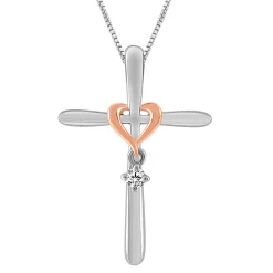 Cross Pendant With Diamond & 10K Rose Gold Accent In Sterling Silver