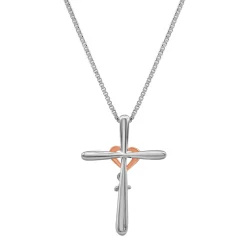 Cross Pendant With Diamond & 10K Rose Gold Accent In Sterling Silver