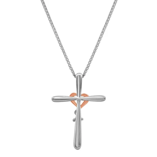 Cross Pendant With Diamond & 10K Rose Gold Accent In Sterling Silver