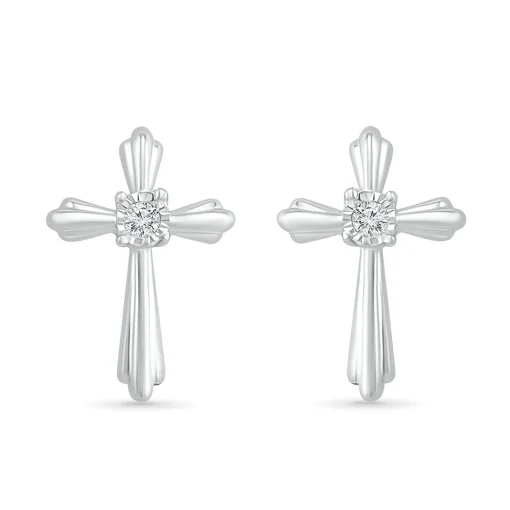 Cross Stud Earrings With Diamond Accents In Sterling Silver
