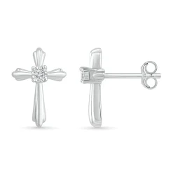 Cross Stud Earrings With Diamond Accents In Sterling Silver