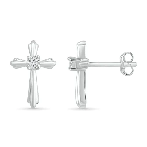 Cross Stud Earrings With Diamond Accents In Sterling Silver