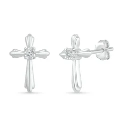 Cross Stud Earrings With Diamond Accents In Sterling Silver
