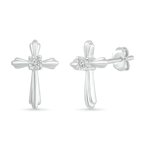 Cross Stud Earrings With Diamond Accents In Sterling Silver