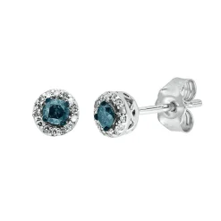 1/4 Ct. Tw. Blue & White Diamond Halo Stud Earrings In Sterling Silver