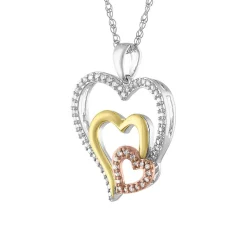 1/8 Ct. Tw. Diamond Triple Heart Tricolor Pendant In Sterling Silver & 10K Gold