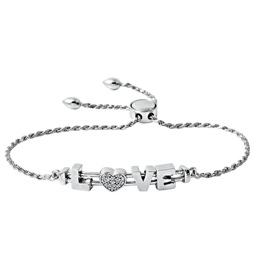 Cubic Zirconia "Love" Bolo Bracelet In Sterling Silver