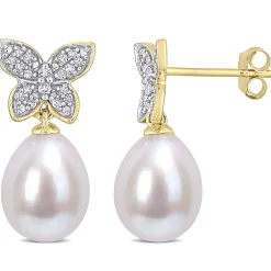 Cultured Freshwater Pearl Earrings With Diamond Butterflies In 10K Yellow Gold (1/8 Ct. Tw.)