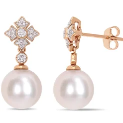 Cultured Freshwater Pearl Earrings With Diamond Drop In 10K Rose Gold (1/8 Ct. Tw.)