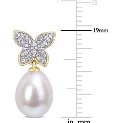Cultured Freshwater Pearl Earrings With Diamond Butterflies In 10K Yellow Gold (1/8 Ct. Tw.)