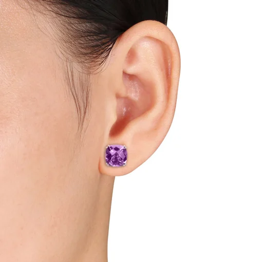 Cushion-Cut Amethyst Stud Earrings In 14K White Gold