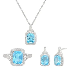 Cushion-Cut Blue Topaz & Lab Created White Sapphire Earring, Pendant & Ring Set In Sterling Silver