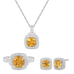 Cushion-Cut Citrine & Lab Created White Sapphire Earring, Pendant & Ring Set In Sterling Silver