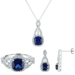 Cushion-Cut Lab Created Blue & White Sapphire Earring, Pendant & Ring Set In Sterling Silver