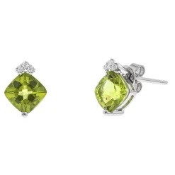 Cushion-Cut Peridot & Diamond Stud Earrings In 10K White Gold