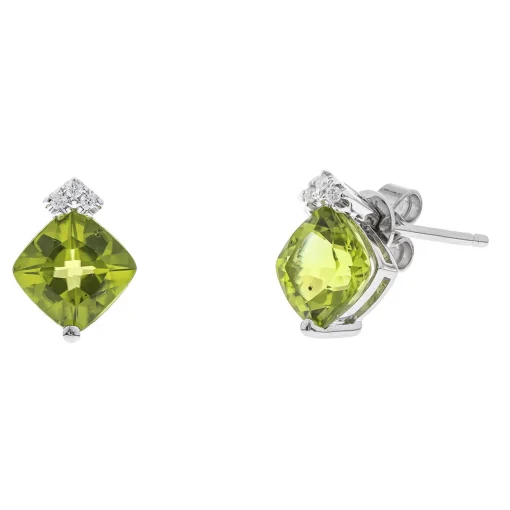 Cushion-Cut Peridot & Diamond Stud Earrings In 10K White Gold