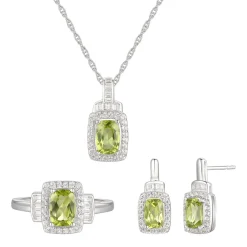Cushion-Cut Peridot & Lab Created White Sapphire Earring, Pendant & Ring Set In Sterling Silver