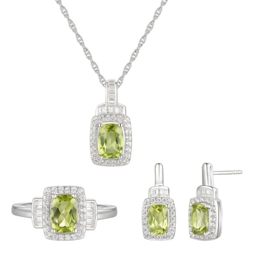 Cushion-Cut Peridot & Lab Created White Sapphire Earring, Pendant & Ring Set In Sterling Silver