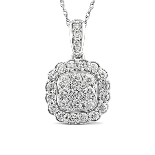 Cushion-Shaped Diamond Cluster Pendant With Scalloped Halo In 14K White Gold (3/4 Ct. Tw.)