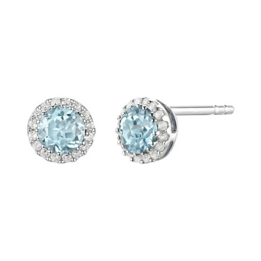 Diamond & Aquamarine Stud Earrings In 14K White Gold