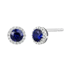 Diamond & Blue Sapphire Stud Earrings In 14K White Gold