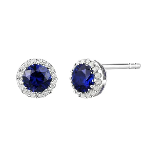 Diamond & Blue Sapphire Stud Earrings In 14K White Gold