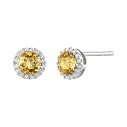 Diamond & Citrine Stud Earrings In 14K White Gold