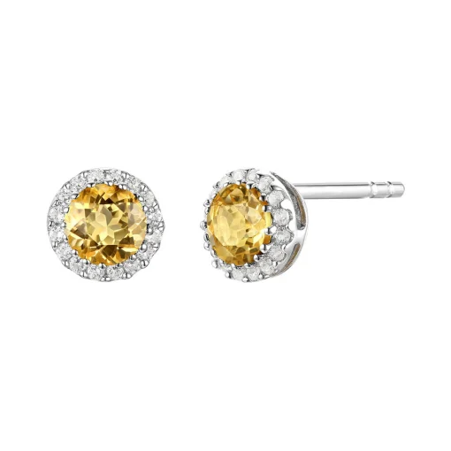 Diamond & Citrine Stud Earrings In 14K White Gold
