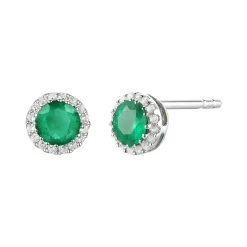 Diamond & Emerald Stud Earrings In 14K White Gold