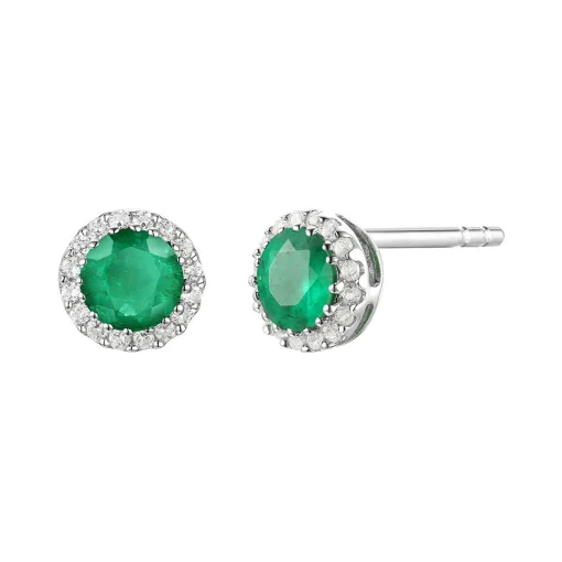Diamond & Emerald Stud Earrings In 14K White Gold