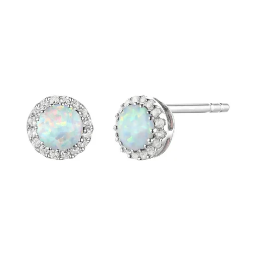 Diamond & Opal Stud Earrings In 14K White Gold