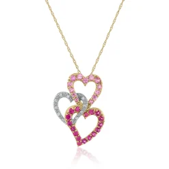 Diamond Accent & Pink Tourmaline Three-Heart Pendant In 14K Yellow Gold