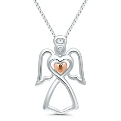 Diamond Accent Angel Pendant In Sterling Silver And 14K Rose Gold