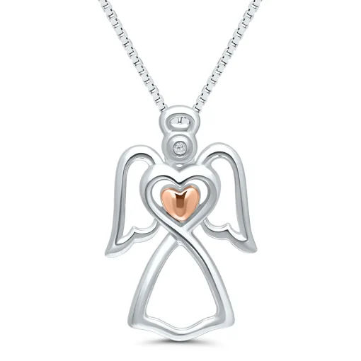 Diamond Accent Angel Pendant In Sterling Silver And 14K Rose Gold