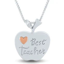 Diamond Accent Best Teacher Apple Pendant In Sterling Silver And 14K Rose Gold