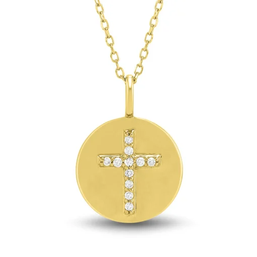Diamond Accent Cross Disc Pendant In 14K Yellow Gold