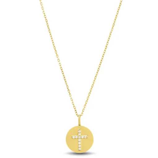 Diamond Accent Cross Disc Pendant In 14K Yellow Gold