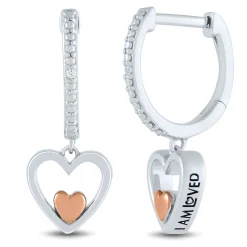 Diamond Accent Dangle Heart Huggie Earrings In Sterling Silver And 14K Rose Gold