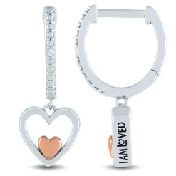 Diamond Accent Dangle Heart Huggie Earrings In Sterling Silver And 14K Rose Gold