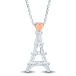 Diamond Accent Eiffel Tower Pendant In Sterling Silver And 14K Rose Gold
