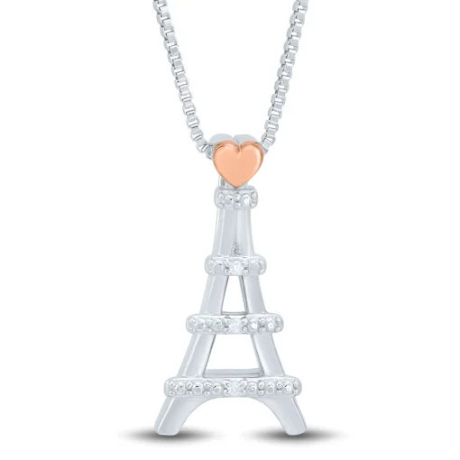 Diamond Accent Eiffel Tower Pendant In Sterling Silver And 14K Rose Gold