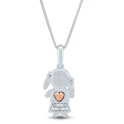 Diamond Accent Girl Pendant In Sterling Silver And 14K Rose Gold