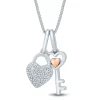 Diamond Accent Heart And Key Necklace In Sterling Silver And 14K Rose Gold